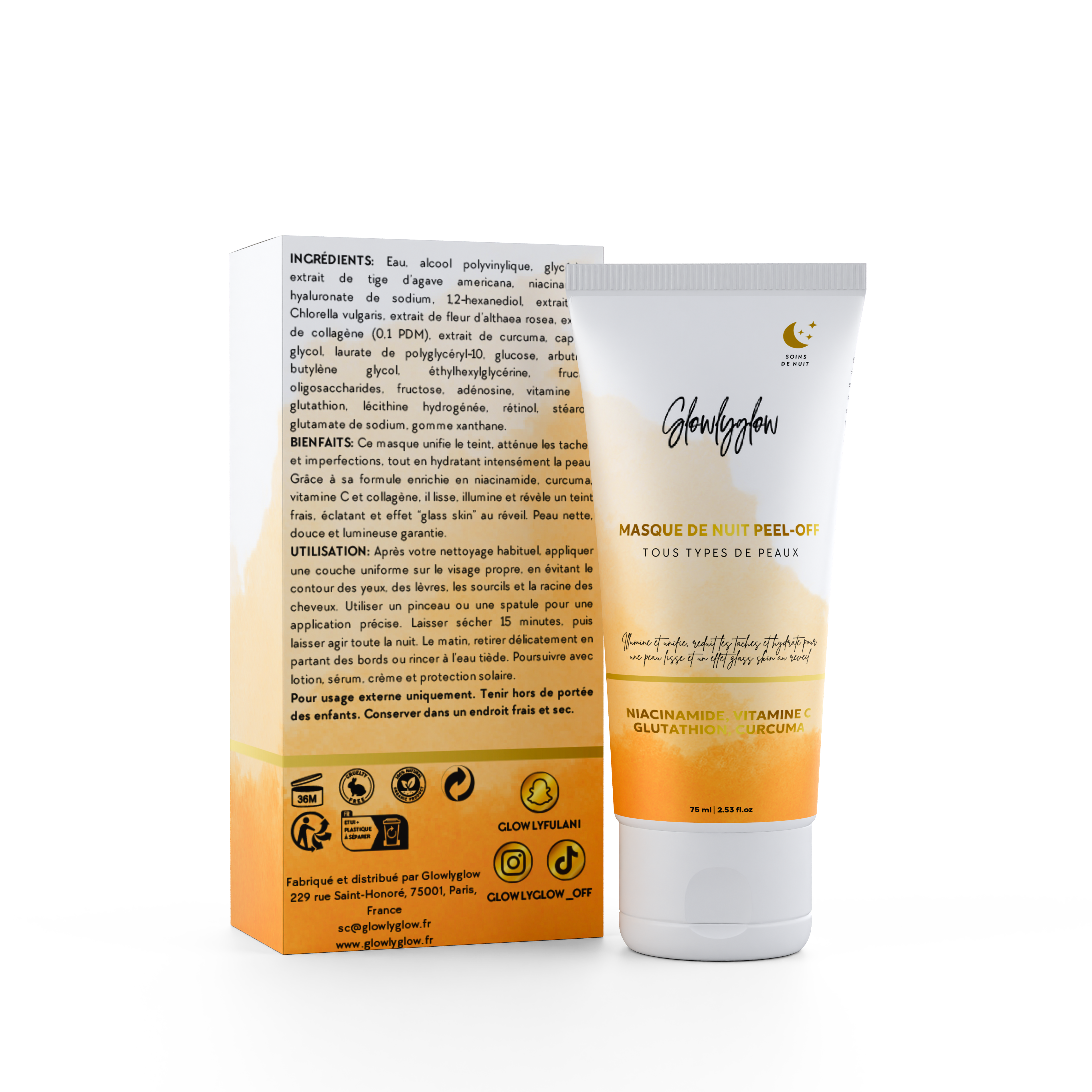 Masque Peel-Off | Curcuma, Niacinamide & Glutathion | Purifiant, Éclat, Anti-Taches & Resserre les Pores | Gamme Glow