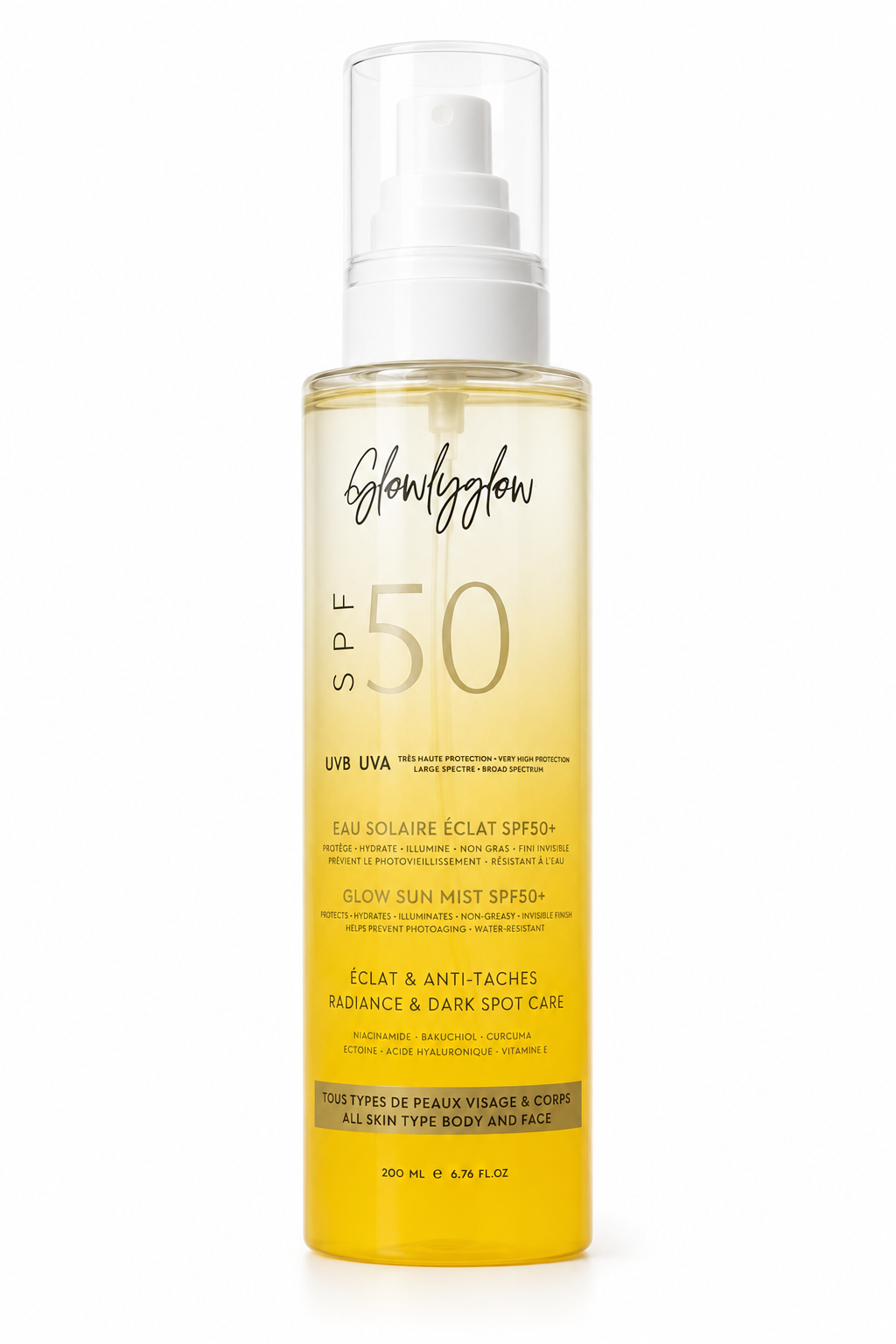 Glowlyglow — Eau Solaire Éclat SPF50+ Protection & Éclat Anti-Taches, Visage & Corps