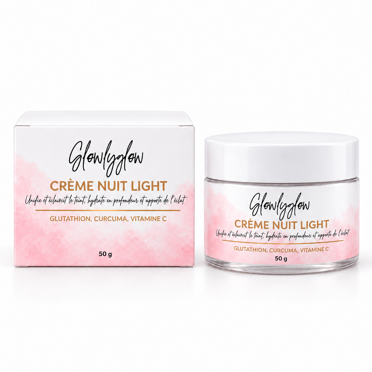 Crème Nuit Light GlowlyGlow avec sa boîte – glutathion, curcuma et vitamine C – 50 g