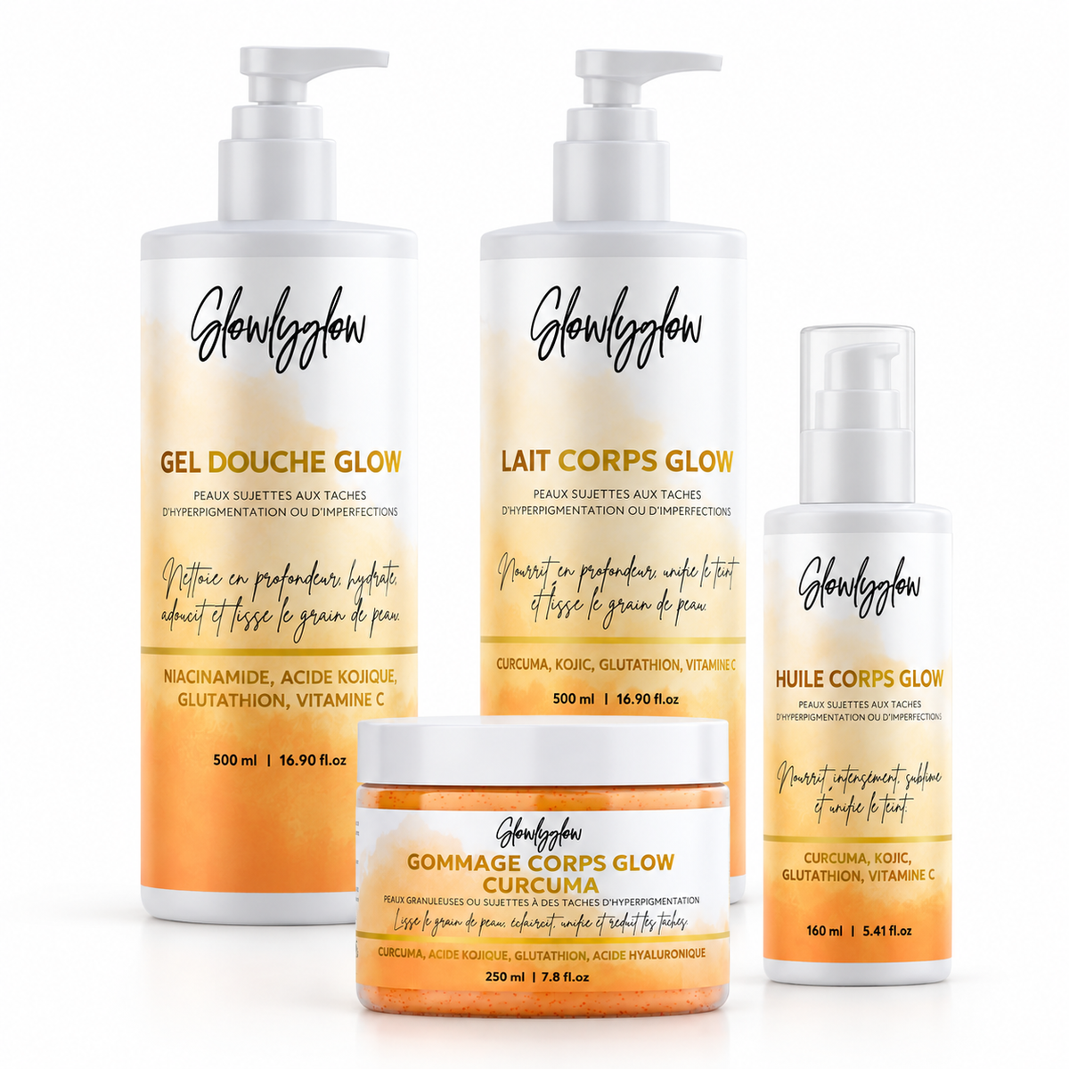 Gamme Glow Corps Glowly Glow avec gel douche, gommage, lait et huile
