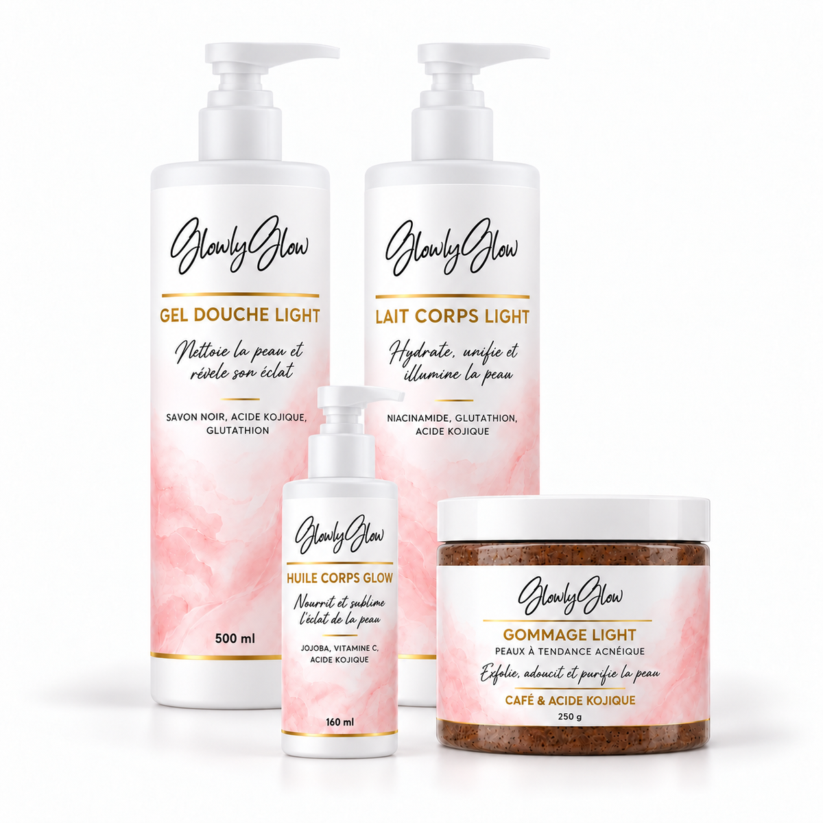 Gamme Light Corps GlowlyGlow avec gel douche, lait corporel, huile corps et gommage