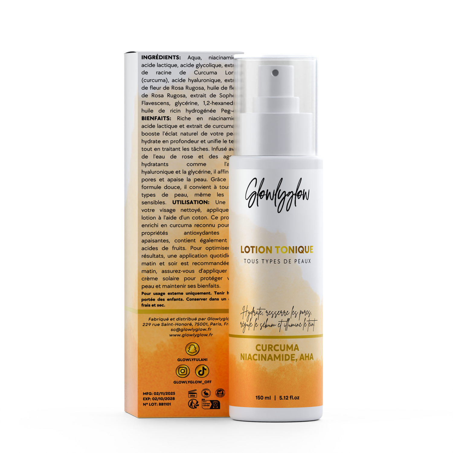 Lotion Tonique au Curcuma, Niacinamide &amp; Acides de Fruits | Tâches atténuées &amp; Peau lumineuse | Gamme Glow