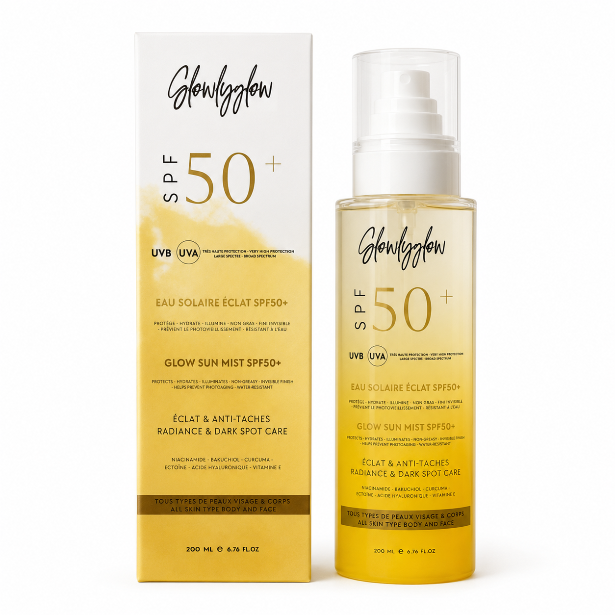Glowlyglow — Eau Solaire Éclat SPF50+ Protection &amp; Éclat Anti-Taches, Visage &amp; Corps