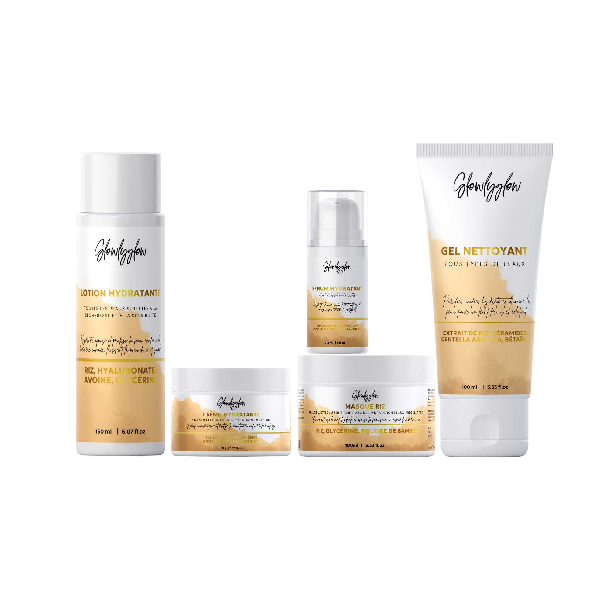 Gamme Hydralis au Riz, Acide Hyaluronique, Glutathion &amp; Céramides | Gel Nettoyant, Lotion Biphasée, Sérum, Masque &amp; Crème au Riz | Routine Hydratante, Lissante &amp; Éclat Naturel