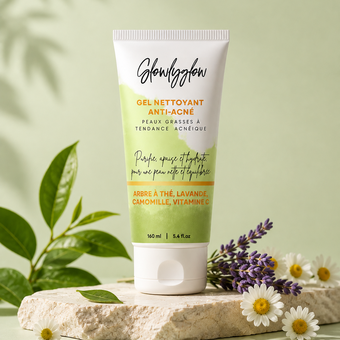 Gel nettoyant anti-acné Repair GlowlyGlow pour peaux grasses à tendance acnéique, présenté dans une mise en scène naturelle avec feuilles, lavande et camomille.