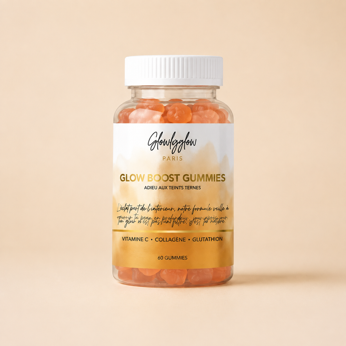 Flacon de Glow Boost Gummies GlowlyGlow, complément alimentaire à la vitamine C, collagène et glutathion pour l&