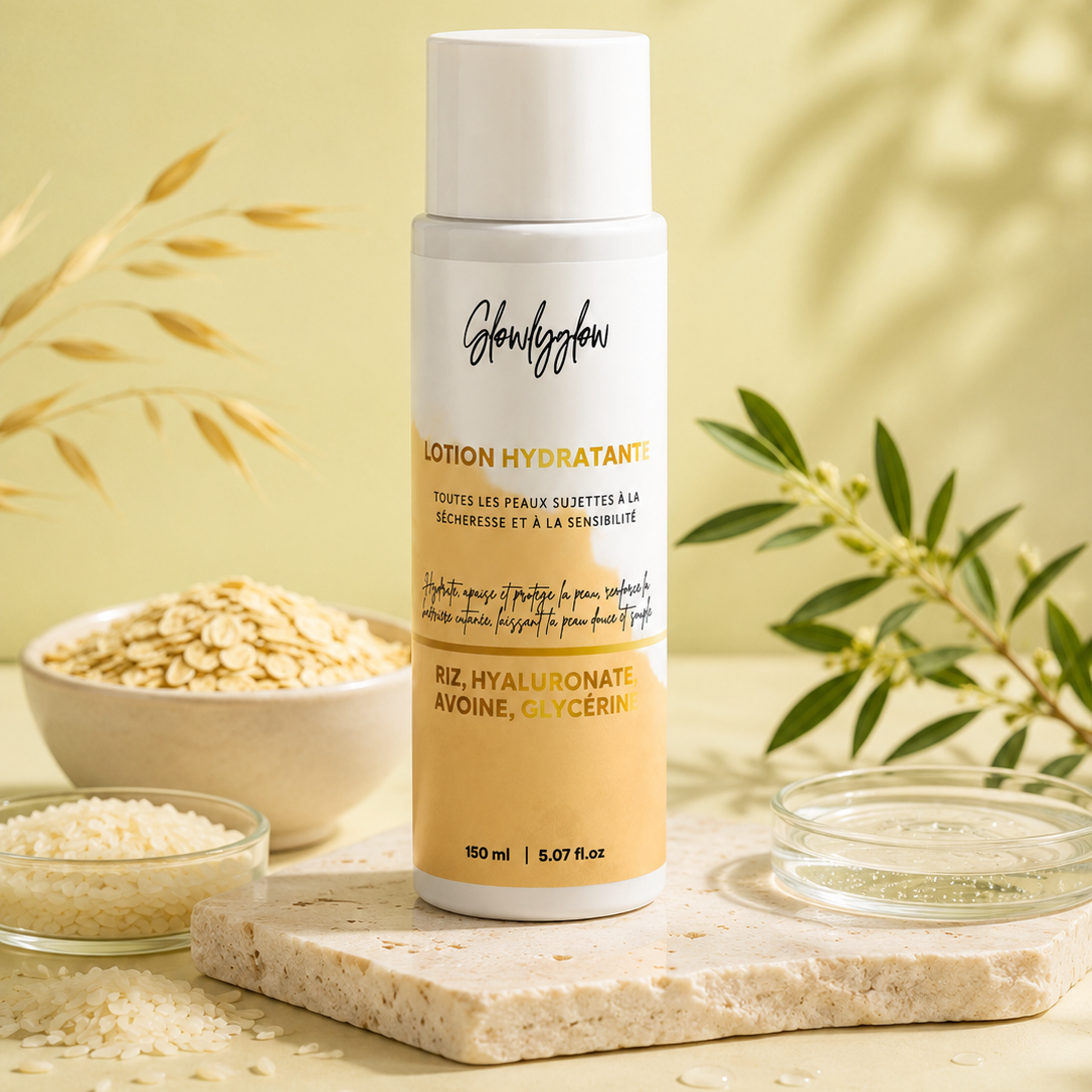 Lotion hydratante Hydralis GlowlyGlow pour peaux sèches et sensibles, présentée dans une mise en scène naturelle avec riz, avoine et eau.