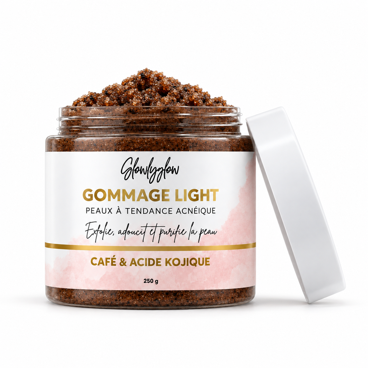 Gommage Light GlowlyGlow ouvert avec texture au café et à l’acide kojique – 250 g 