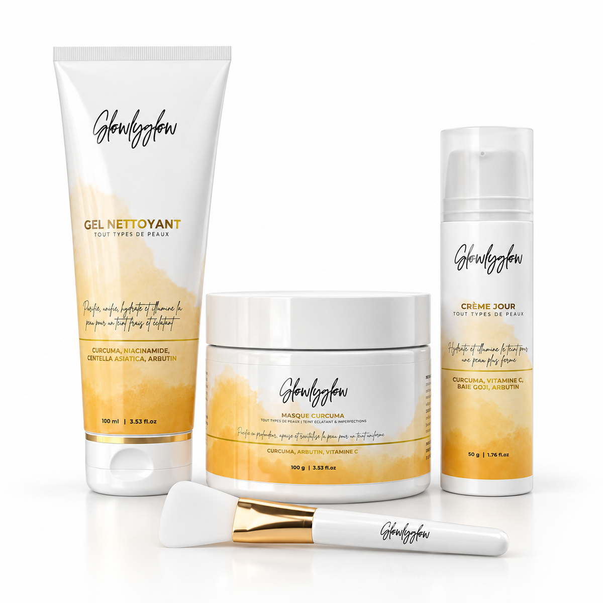 Pack Essentiel GlowlyGlow avec gel nettoyant, masque au curcuma, crème de jour et pinceau offert
