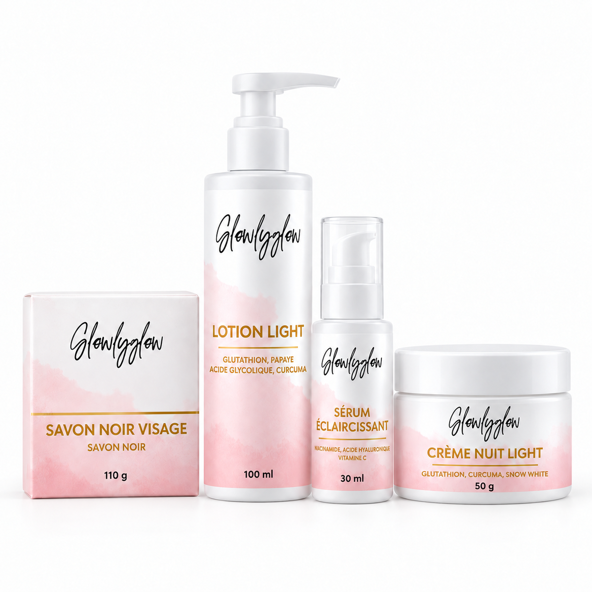 Pack LightFace GlowlyGlow avec savon noir, lotion, sérum éclaircissant et crème nuit Light